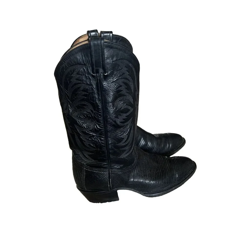 Vintage Tony Lama Size 10D Black Teju Lizard wingtips western cowboy boots